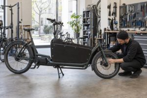 Mechaniker prüft ein gebrauchtes E-Lastenrad in der Werkstatt